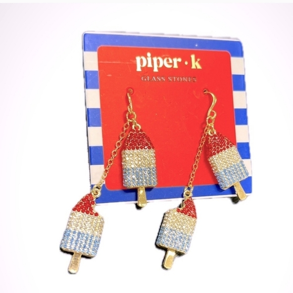 🔹️ Piper K🔹️  Red, White, Blue Rhinestone Patriotic Dangle  Popsicle Earrings - Picture 1 of 3
